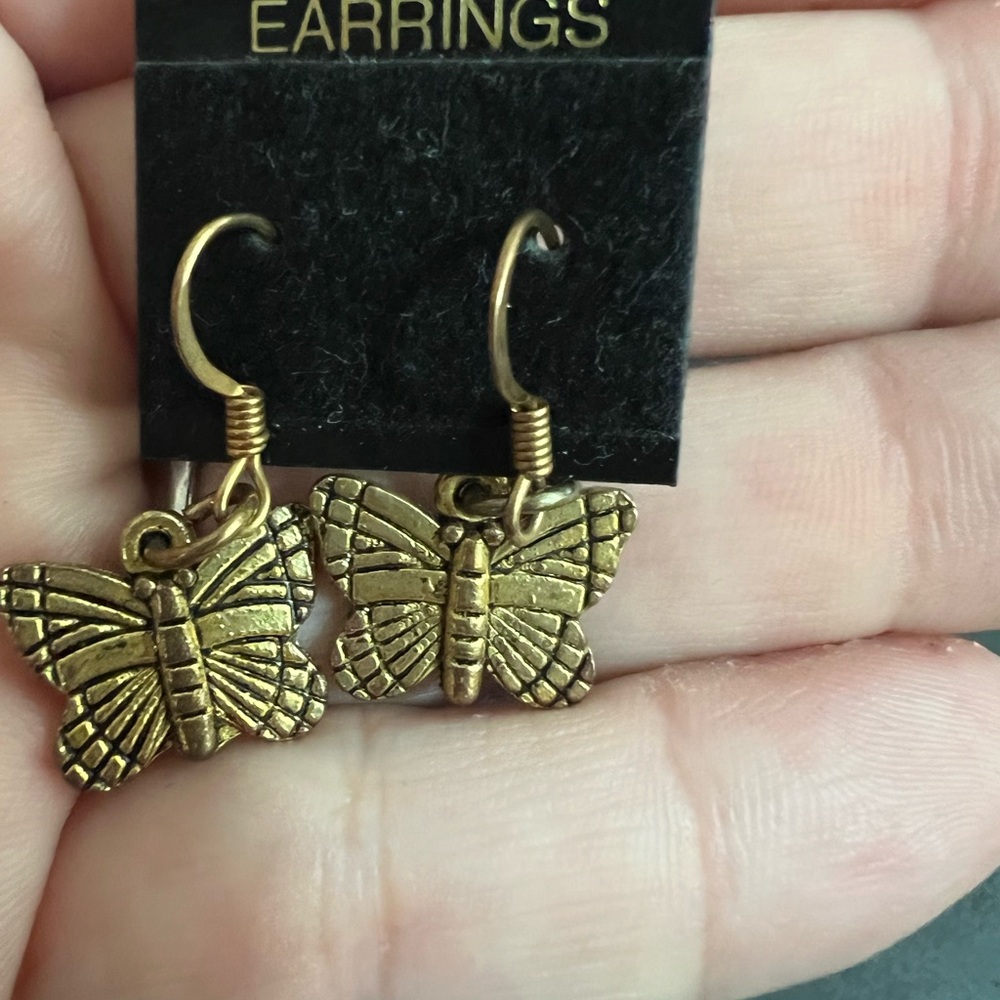 Gold Butterfly Charm Earrings with Vintage Design - Picture 2 of 2
